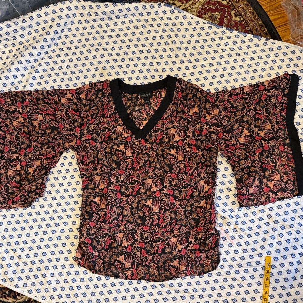 Lane Bryant Black Blouse with Pink Floral Print 18/20 flowy sleeves  semi sheer